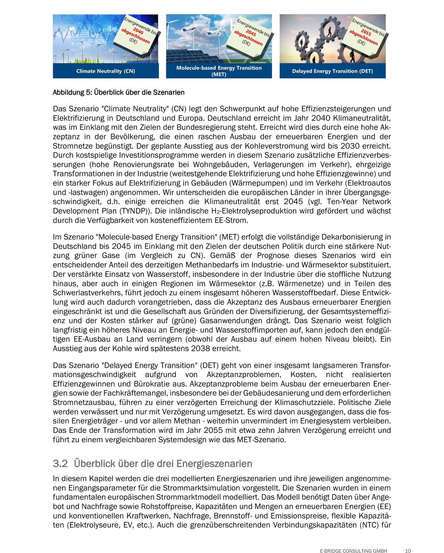 Drei Infografiken zeigen die Szenarien Climate Neutrality, Molecule-based Energy Transition und Delayed Energy Transition