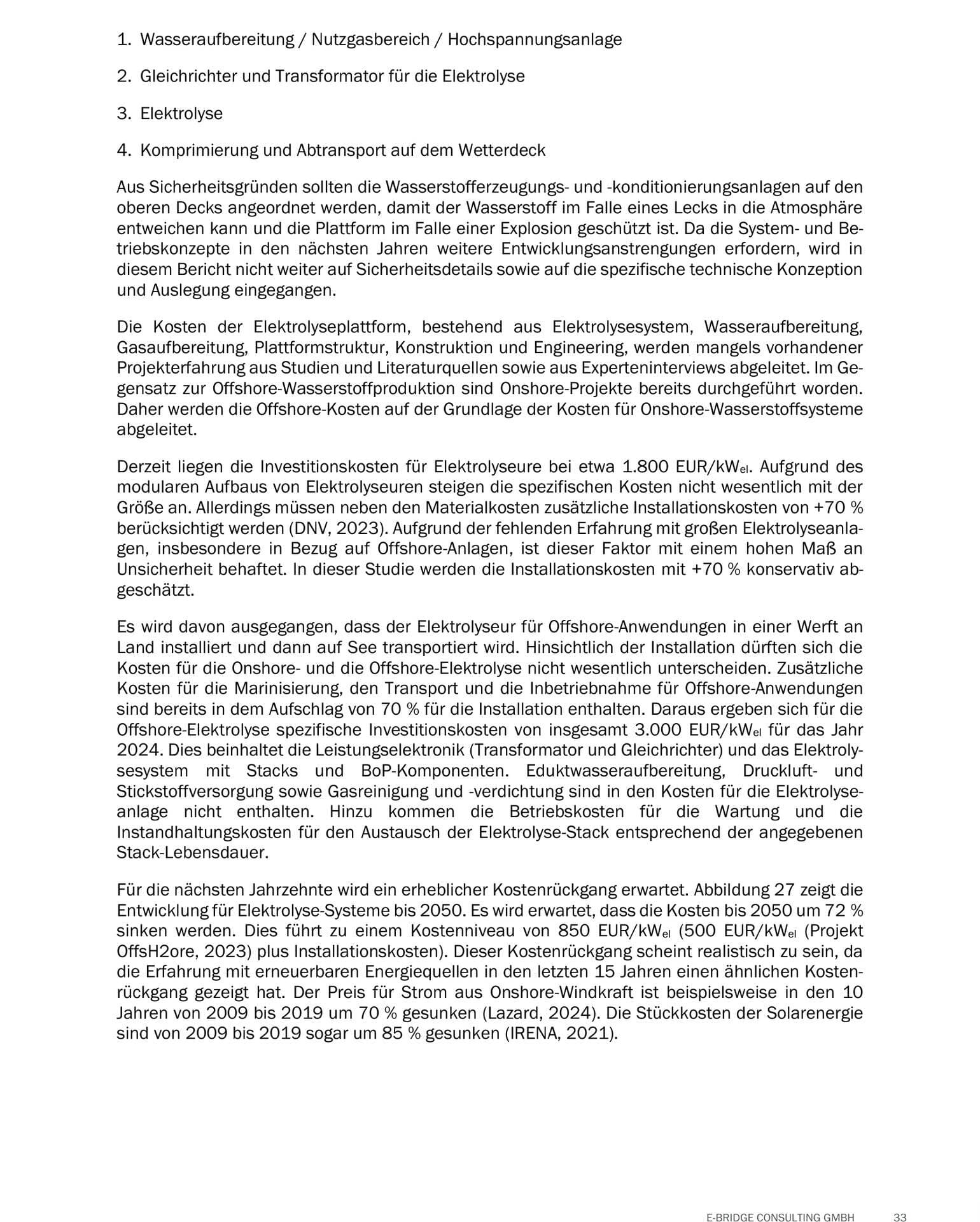 Balkendiagramm zeigt Rückgang der spezifischen Investitionskosten von 3.000 EUR/kW (2024) auf ca. 850 EUR/kW (2050)